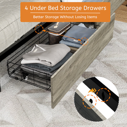Queen Size Bed Frame With Headboard And 4 Storage Drawers