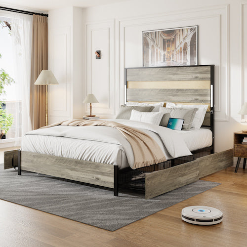 Queen Size Bed Frame With Headboard And 4 Storage Drawers