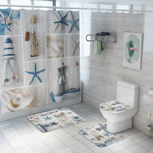 Non Slip Toilet Seat Cover Bath Mat Polyester Waterproof Shower Curtain