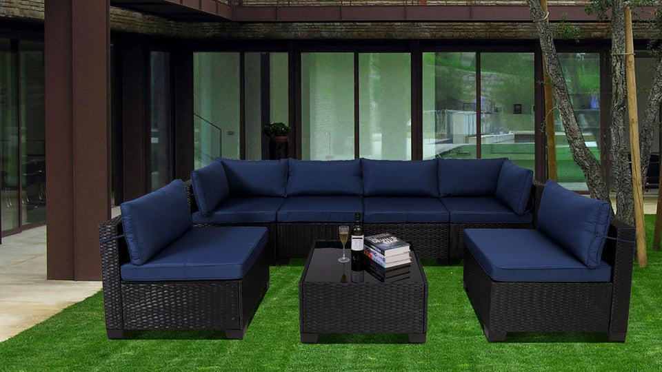 7 Pieces Outdoor Rattan Patio Sectional Set, Black Wicker Furniture Conversation Sets With Washable Cushions & Glass Coffee Table For Garden, Poolside, Backyard