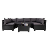 7 Pieces Outdoor Rattan Patio Sectional Set, Black Wicker Furniture Conversation Sets With Washable Cushions & Glass Coffee Table For Garden, Poolside, Backyard
