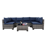 7 Pieces Outdoor Rattan Patio Sectional Set, Black Wicker Furniture Conversation Sets With Washable Cushions & Glass Coffee Table For Garden, Poolside, Backyard