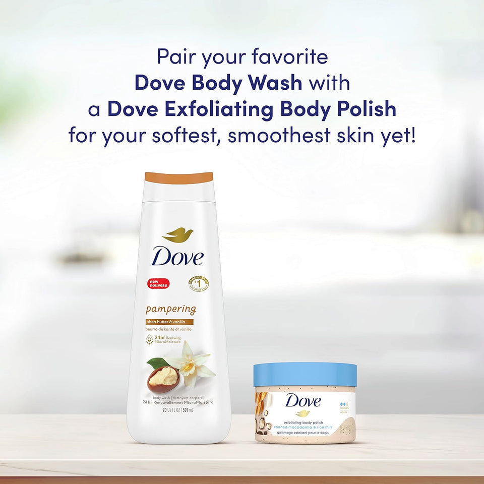 Transform Your Skin with Dove's Luxurious Exfoliating Body Polish - Macadamia & Rice Milk + Pomegranate & Shea Butter (298G Each)