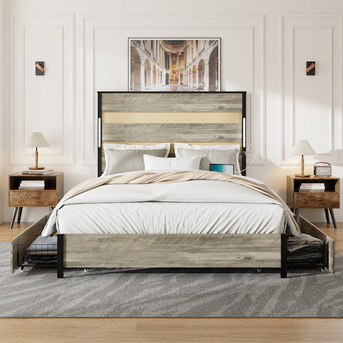 Queen Size Bed Frame With Headboard And 4 Storage Drawers