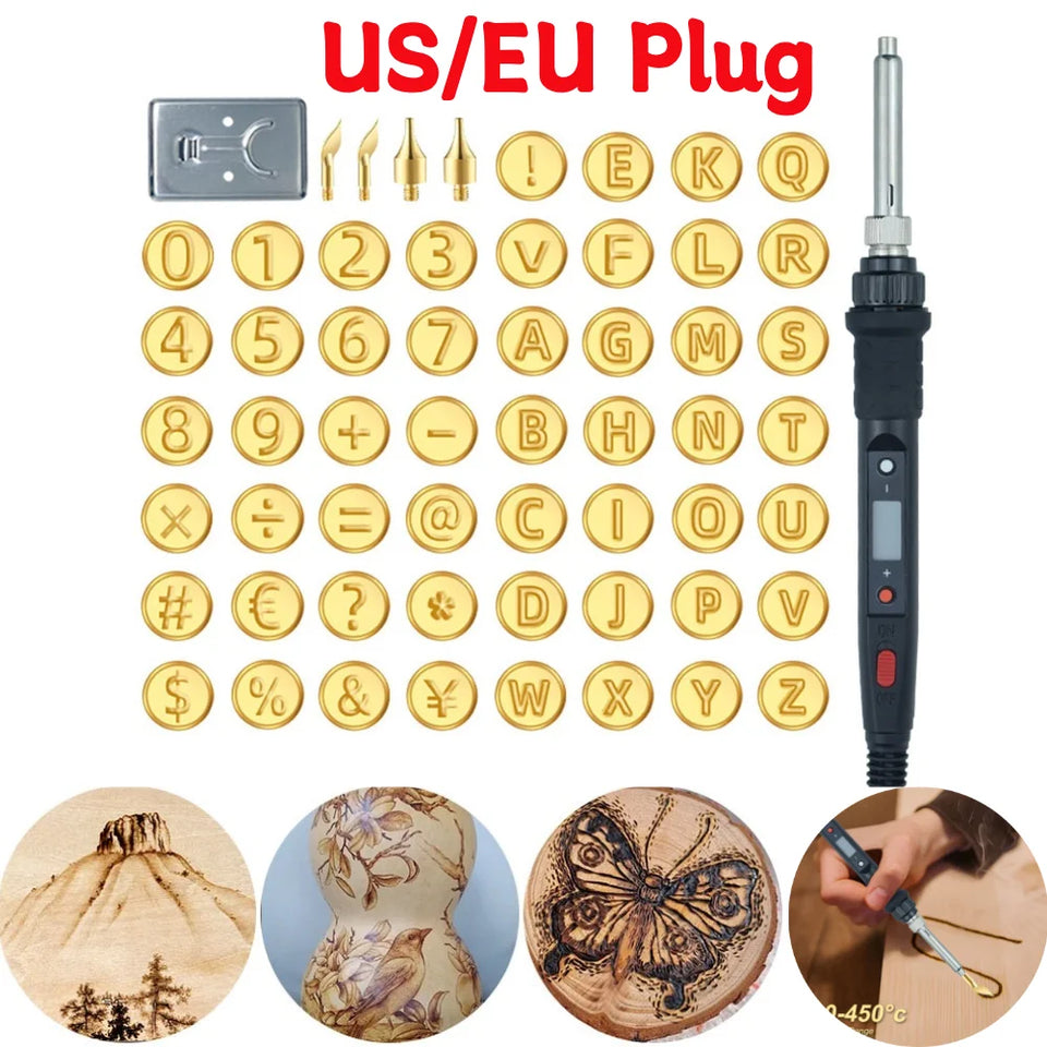 Wood Burning Kit with 26 Letters Copper Mold DIY Wood/Leather Burning Set Letter Soldering Iron Stencils Kit Tool US/EU Plug