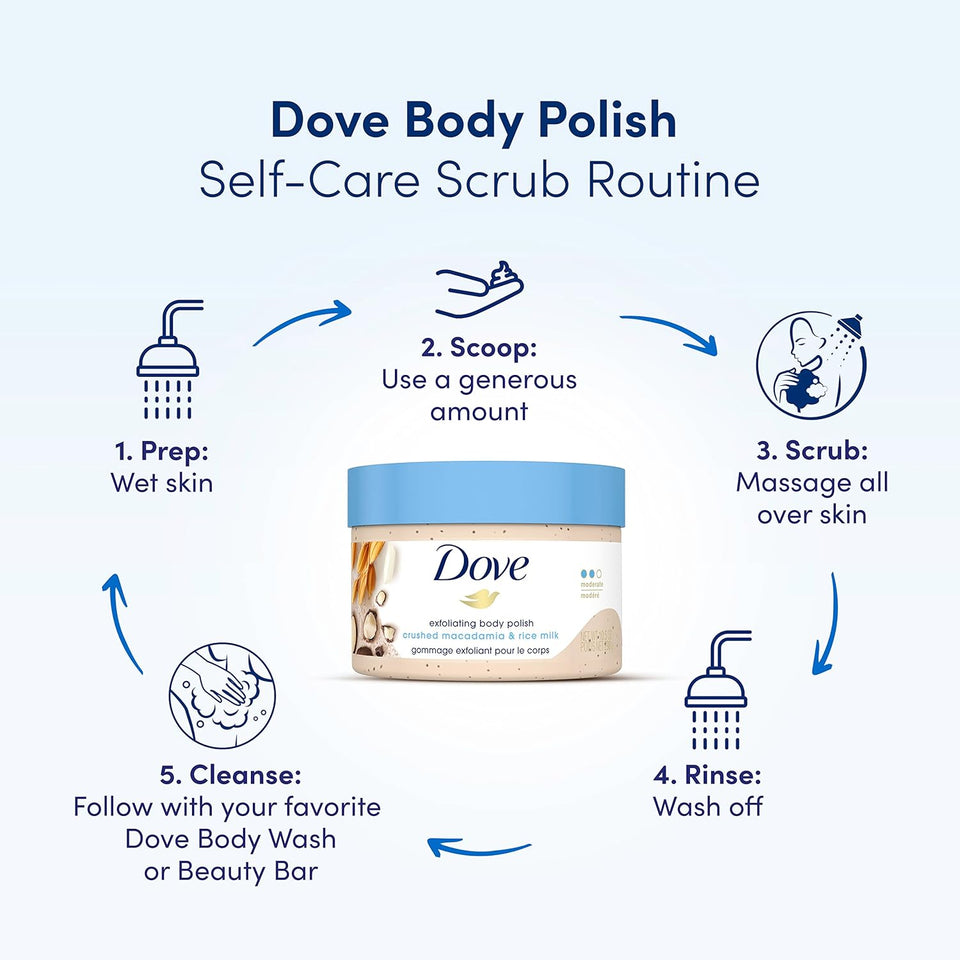 Transform Your Skin with Dove's Luxurious Exfoliating Body Polish - Macadamia & Rice Milk + Pomegranate & Shea Butter (298G Each)