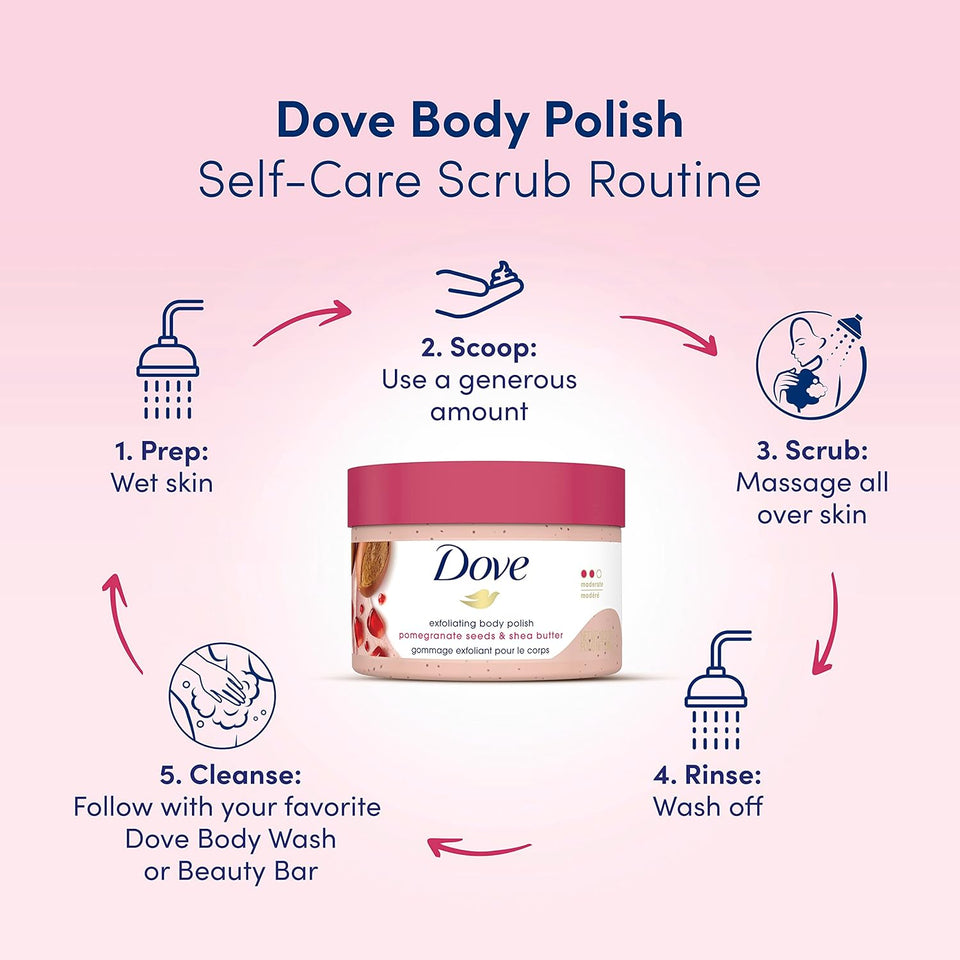 Transform Your Skin with Dove's Luxurious Exfoliating Body Polish - Macadamia & Rice Milk + Pomegranate & Shea Butter (298G Each)