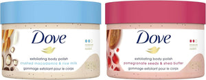 Transform Your Skin with Dove's Luxurious Exfoliating Body Polish - Macadamia & Rice Milk + Pomegranate & Shea Butter (298G Each)