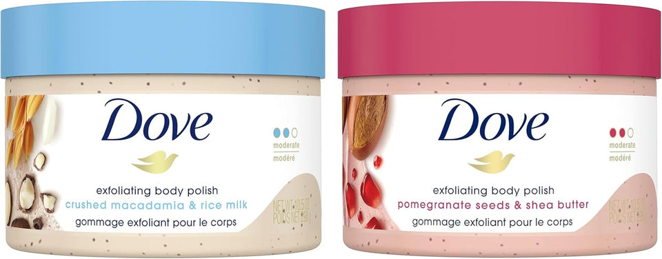 Transform Your Skin with Dove's Luxurious Exfoliating Body Polish - Macadamia & Rice Milk + Pomegranate & Shea Butter (298G Each)