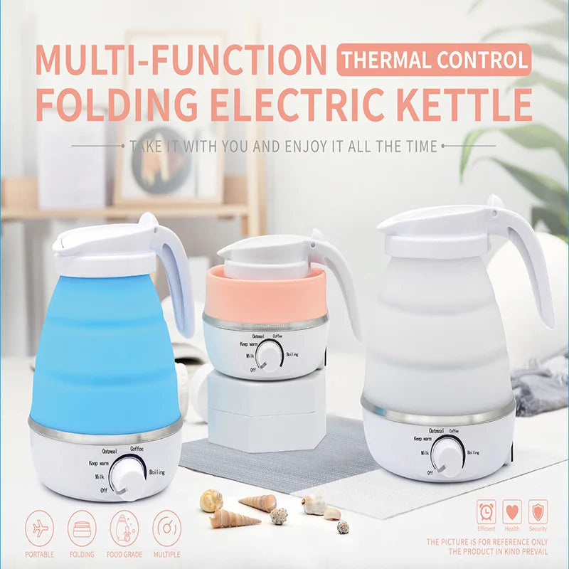 Mini Portable Fold Electric Kettle Thermostat Keep Warm Home Travel Business Automatic Power off Silicone Stainless Steel Safety