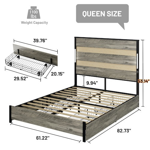 Queen Size Bed Frame With Headboard And 4 Storage Drawers