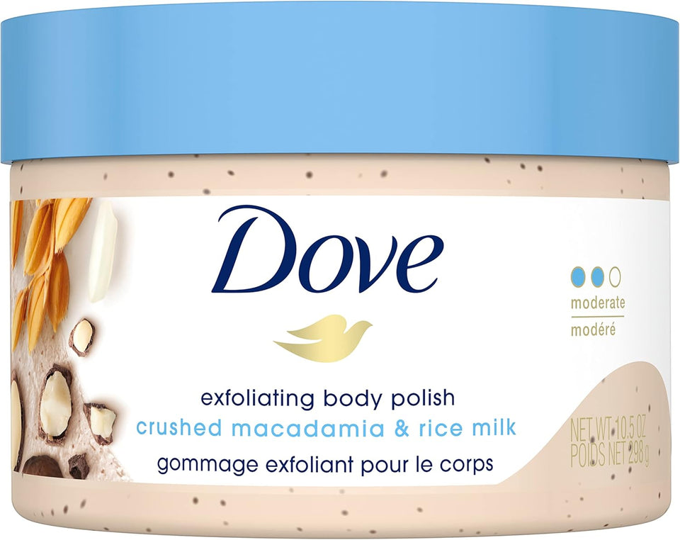 Transform Your Skin with Dove's Luxurious Exfoliating Body Polish - Macadamia & Rice Milk + Pomegranate & Shea Butter (298G Each)